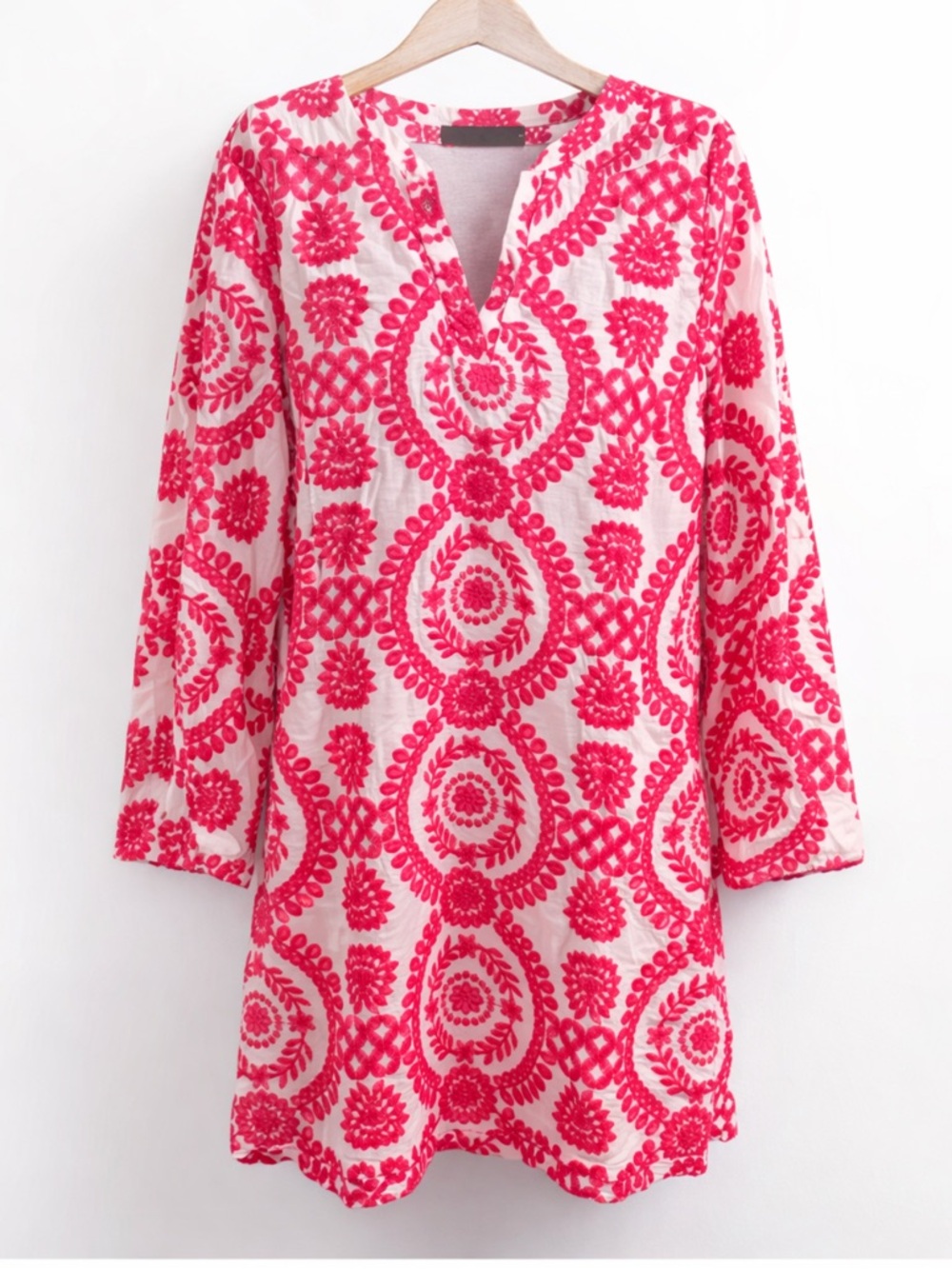 Sunday Pink White Embroidered Floral Tunic Dress Boho Easter Spring Dress